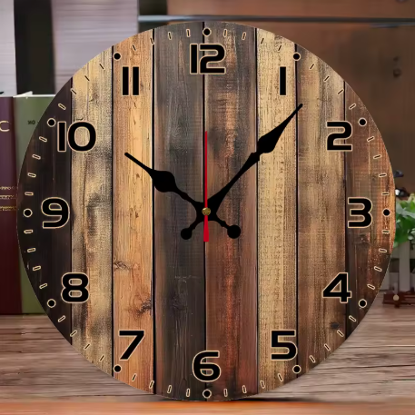 Wooden wall clock with a rustic design on a wooden surface.