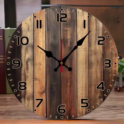 Wooden wall clock with a rustic design on a wooden surface.