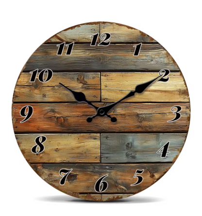 Wooden wall clock with a rustic design on a white background