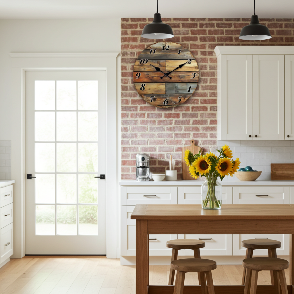 Kitchen with wooden dining table, sunflowers in a vase, and a rustic clock on the wall.