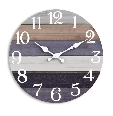 Round wall clock with wooden slat design on a white background