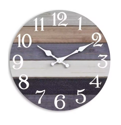 Round wall clock with wooden slat design on a white background
