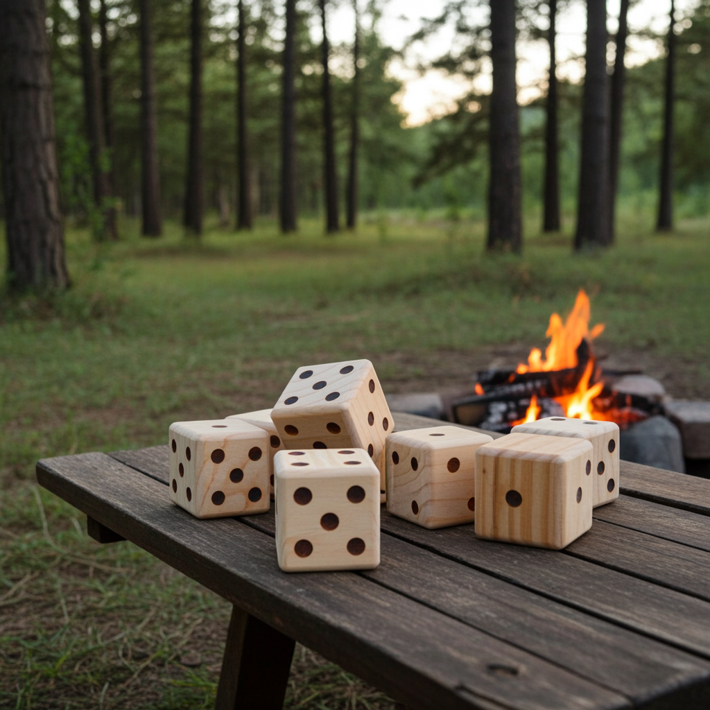 Wooden dice on a picnic table with a campfire in the background