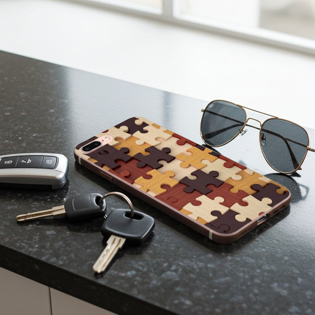 Phone case with puzzle design on a table with keys and sunglasses