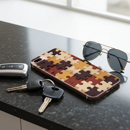 Phone case with puzzle design on a table with keys and sunglasses