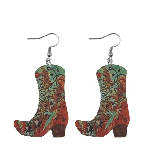 Cowboy boot earrings with colorful pattern on a white background