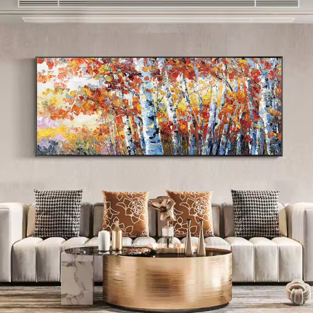 Living room with a large abstract painting of autumn trees on the wall.