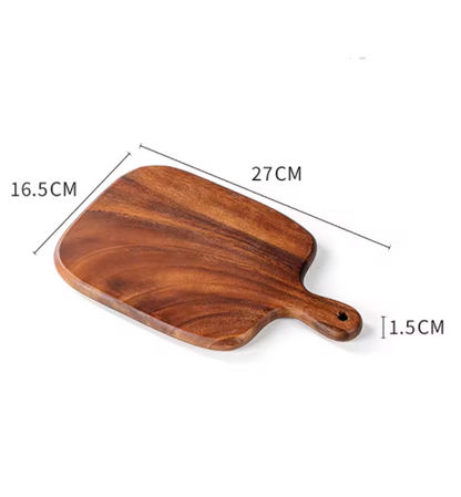 Wooden serving board with dimensions labeled on a white background