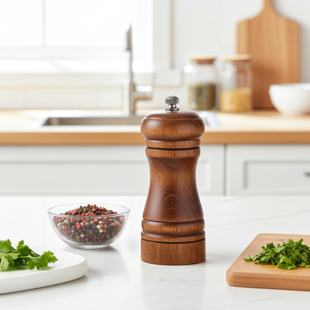 Wooden pepper grinder on a kitchen counter with ingredients and utensils in the background