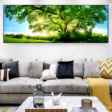 canvas painting of blue sky and green outdoors