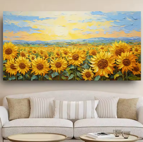 Painting of sunflowers on a wall above a sofa