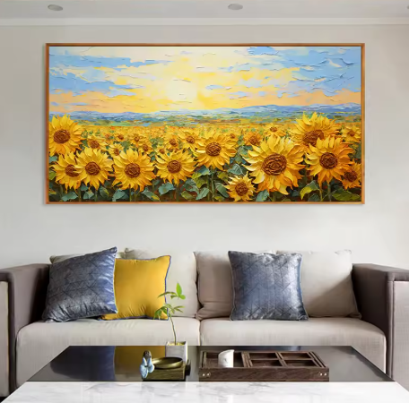 Large painting of sunflowers on a wall above a sofa with decorative pillows.