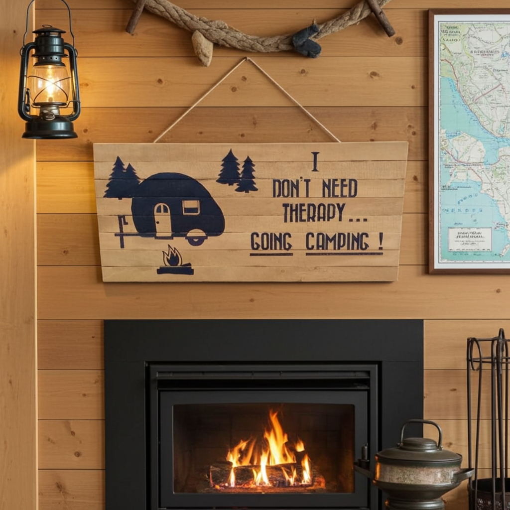Wooden sign above a fireplace with 'I don't need therapy... going camping!' text, surrounded by rustic decor.