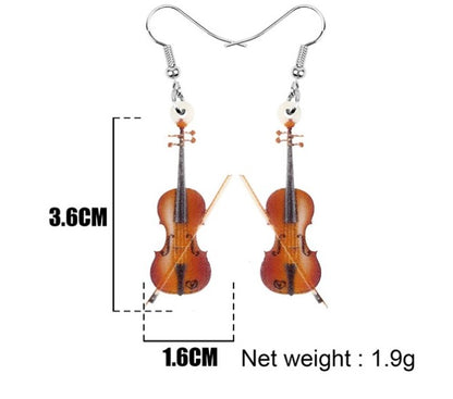 Violin-shaped earrings with measurements and weight details on a white background