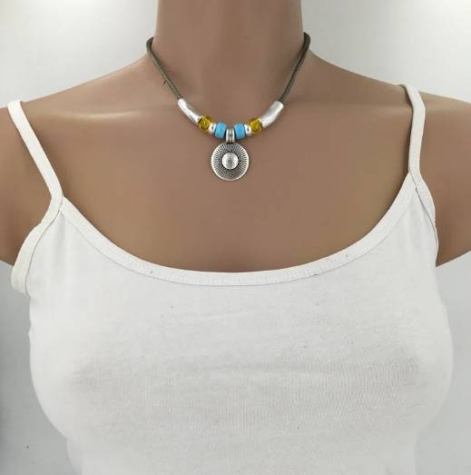 aztec bead necklace on model
