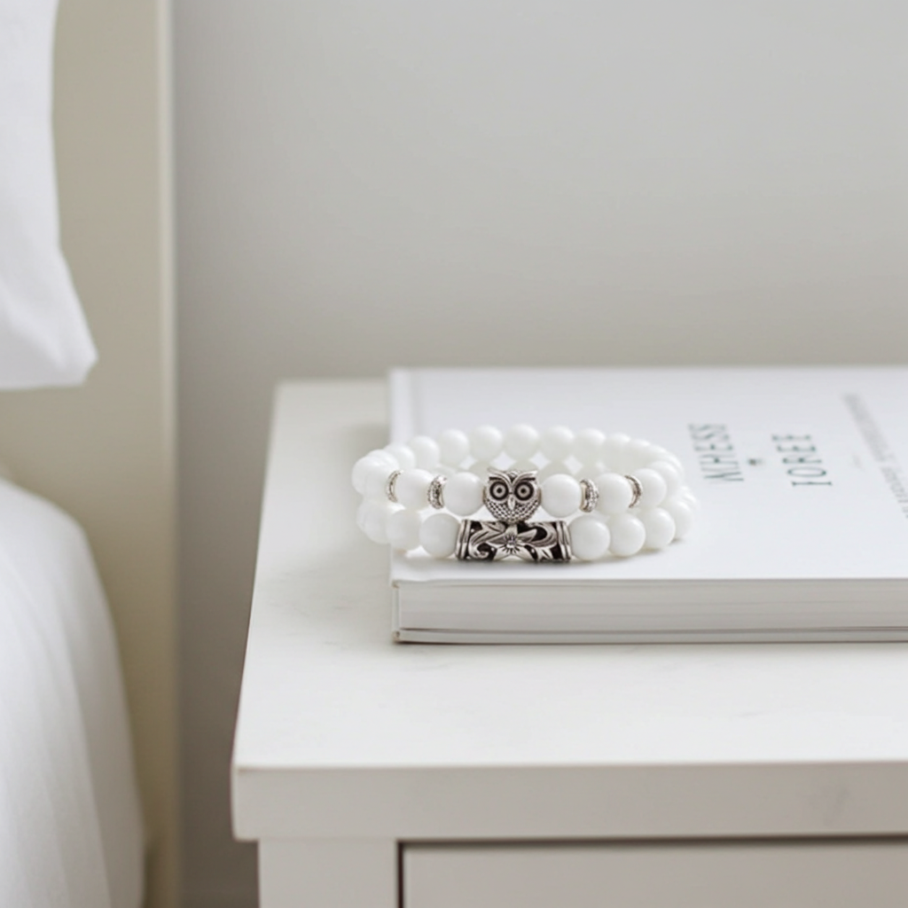 White beaded bracelet with a silver owl charm on a book