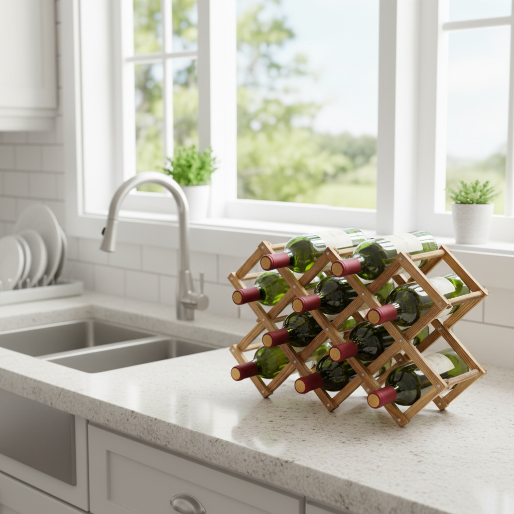 Wooden wine rack with bottles on a kitchen counter near a window