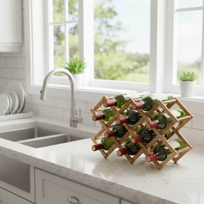 Wooden wine rack with bottles on a kitchen counter near a window