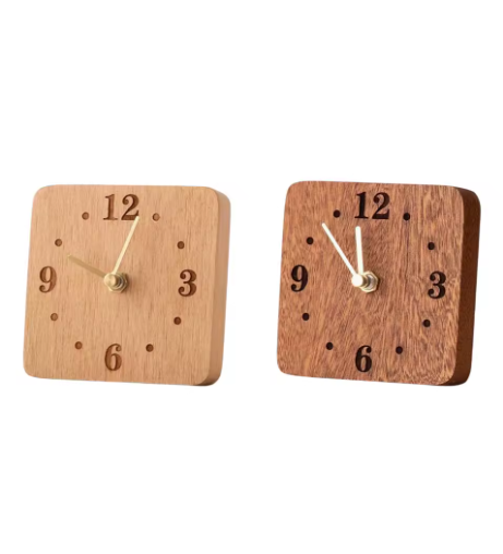 Two wooden square clocks with black numbers on a white background
