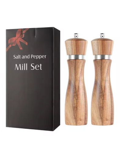 Wooden salt and pepper mill set with a black gift box labeled 'Salt and Pepper Mill Set'.
