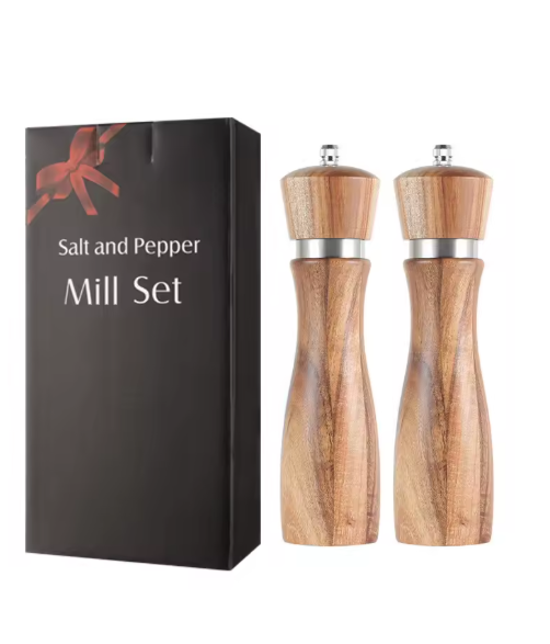 Wooden salt and pepper mill set with a black gift box labeled 'Salt and Pepper Mill Set'.