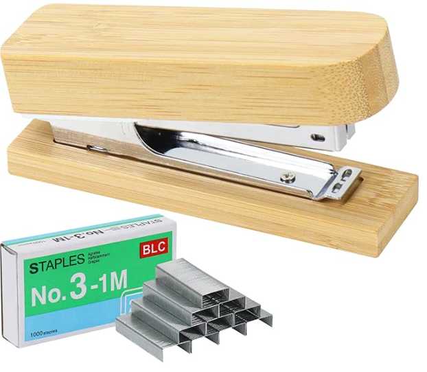 Bamboo stapler with a box of staples on a white background
