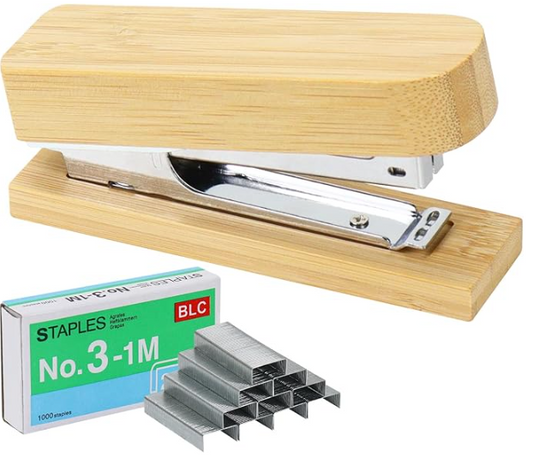 Bamboo stapler with a box of staples on a white background