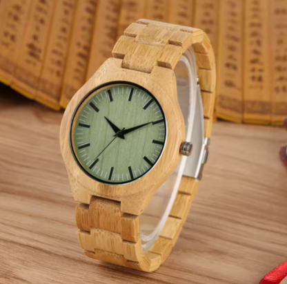 Wooden watch with a green face