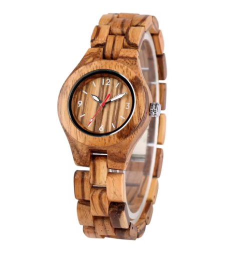Wooden watch with zebra pattern on a white background