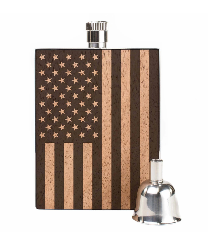 American flag wooden flask