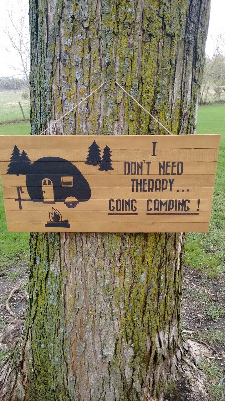 Camping Therapy pallet wood sign hanging on tree