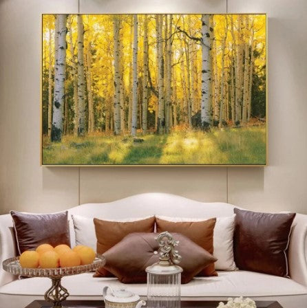 golden sunset birch tree painting