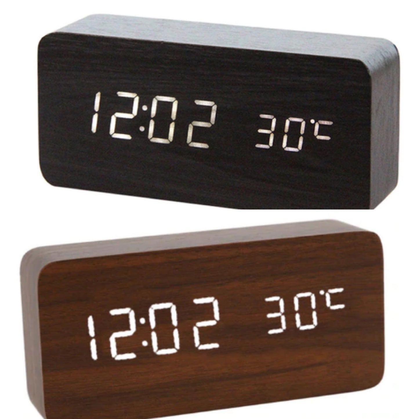 Black and walnut alarm clocks