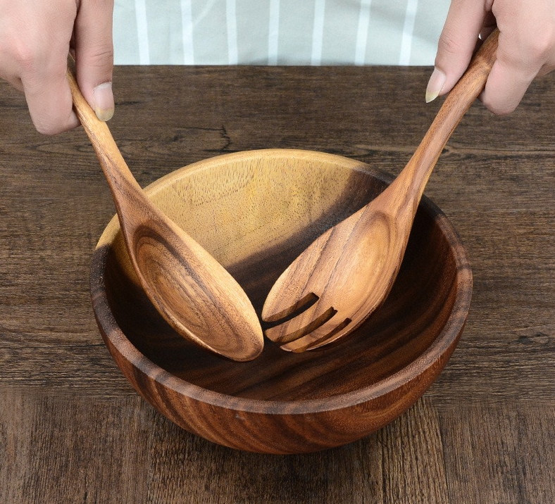 wood salad tongs with bowl