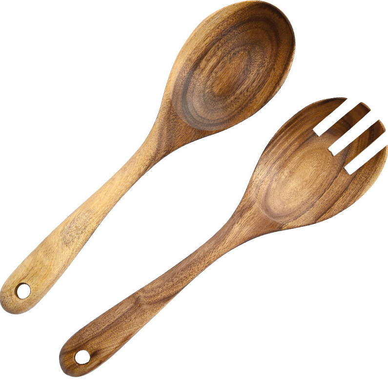 wood salad tongs-white background