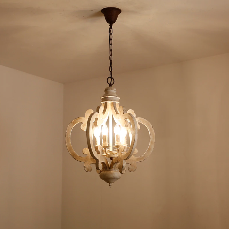 Victorian distressed wood chandelier-hanging at night