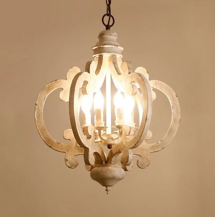Victorian distressed wood chandelier-at night