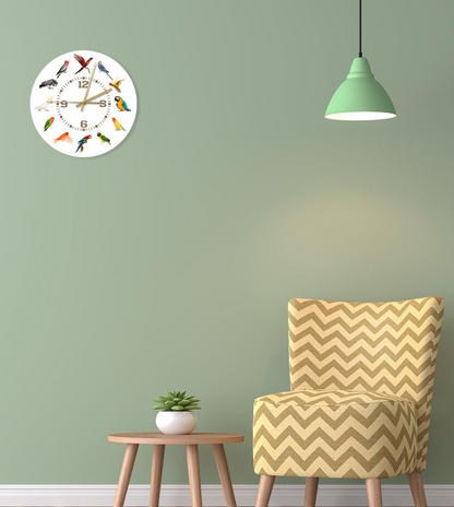 bird clock hanging in green room