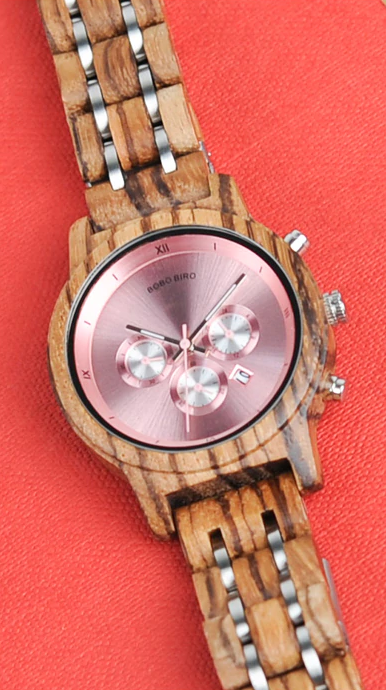 pink face wood watch