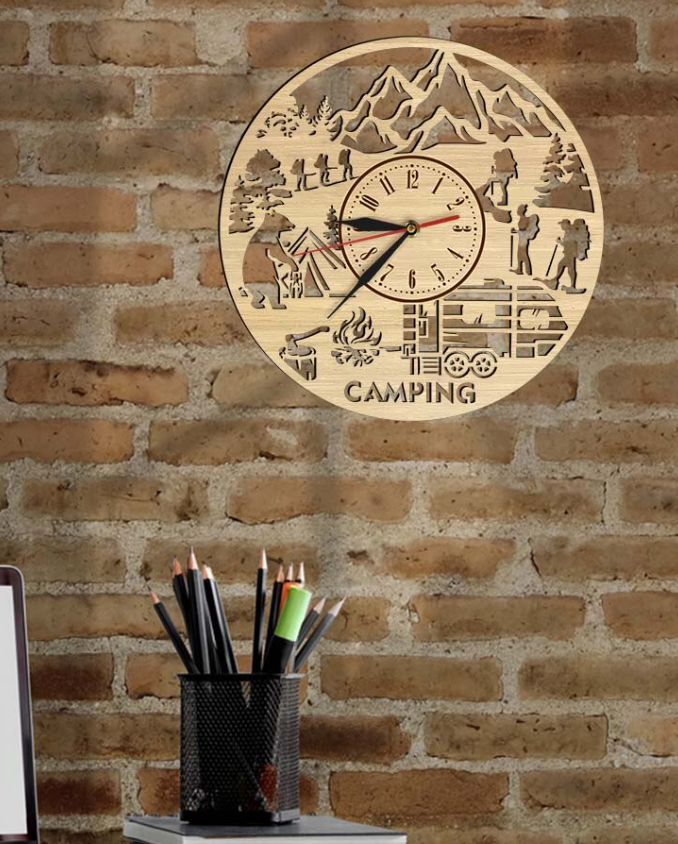 camping clock hanging on brick wall