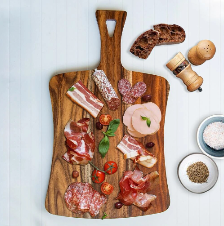 Acacia wood cutting board as charcuterie