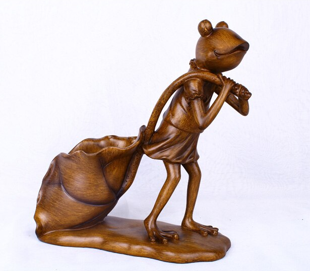 wooden frog wine bottle holder side view empty