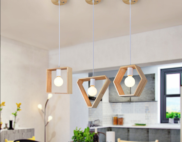 kitchen island geometric wood lights