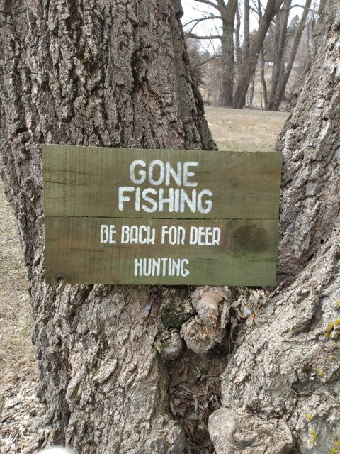 Gone Fishing sign in crook of tree