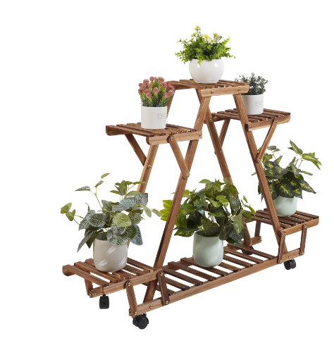wooden plant stand display on wheels