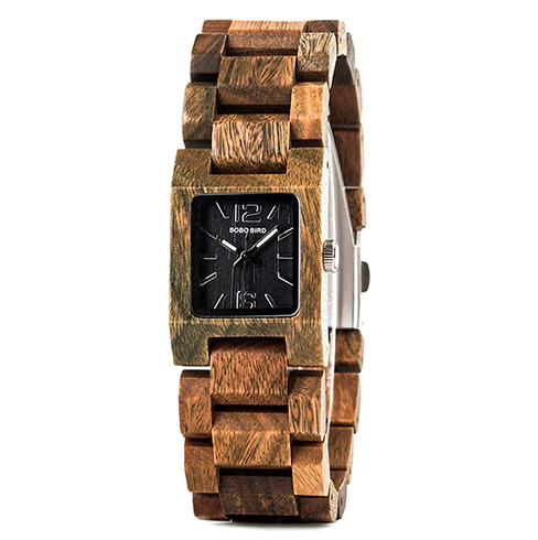 quartz wood banded watch black face