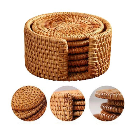 drink coaster set-rattan