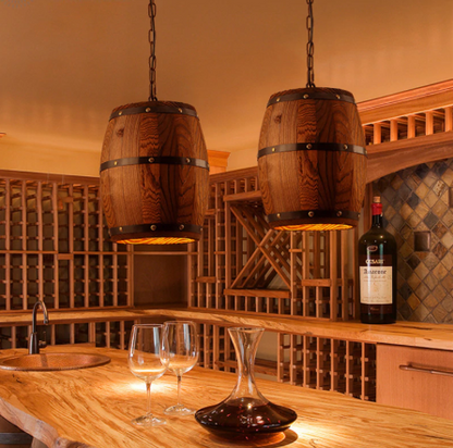 oak barrel lights hanging over the dinner table