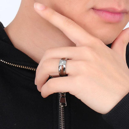 mens ring band with wood inset being worn