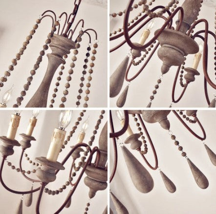 wood bead chandelier-close ups